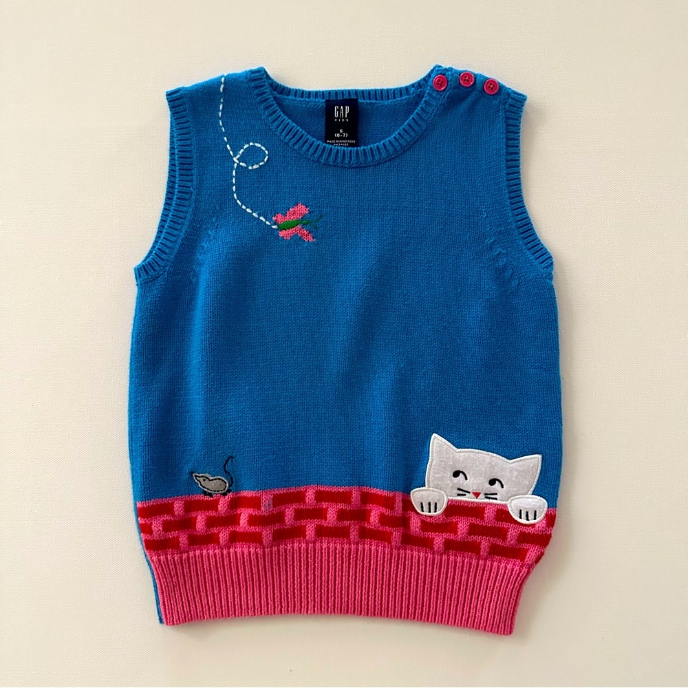 Gap Girls 6-7 Kitty Sweater Vest Blue Pink Butterfly